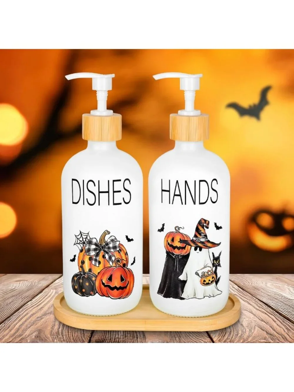 Spooky Pumpkin Ghost Soap Dispenser Set - Refillable Halloween Decor for Home